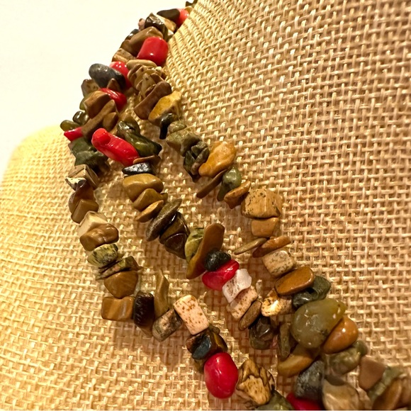 Multi-color Genuine Gemstone Necklace- multistrand chipped brown, green, red - Picture 6 of 8